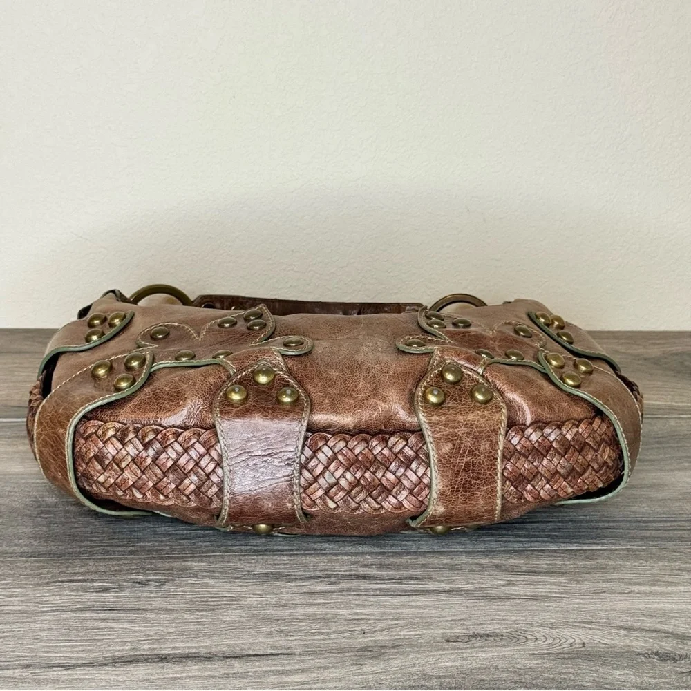 Isabella Fiore Oasis Hobo Brown Distressed Leather Brass Studded Shoulder Bag - Picture 5 of 16